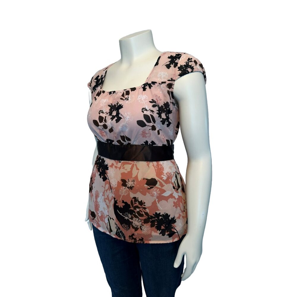 Y2K Style Pink Floral Babydoll Tie Shirt (L)